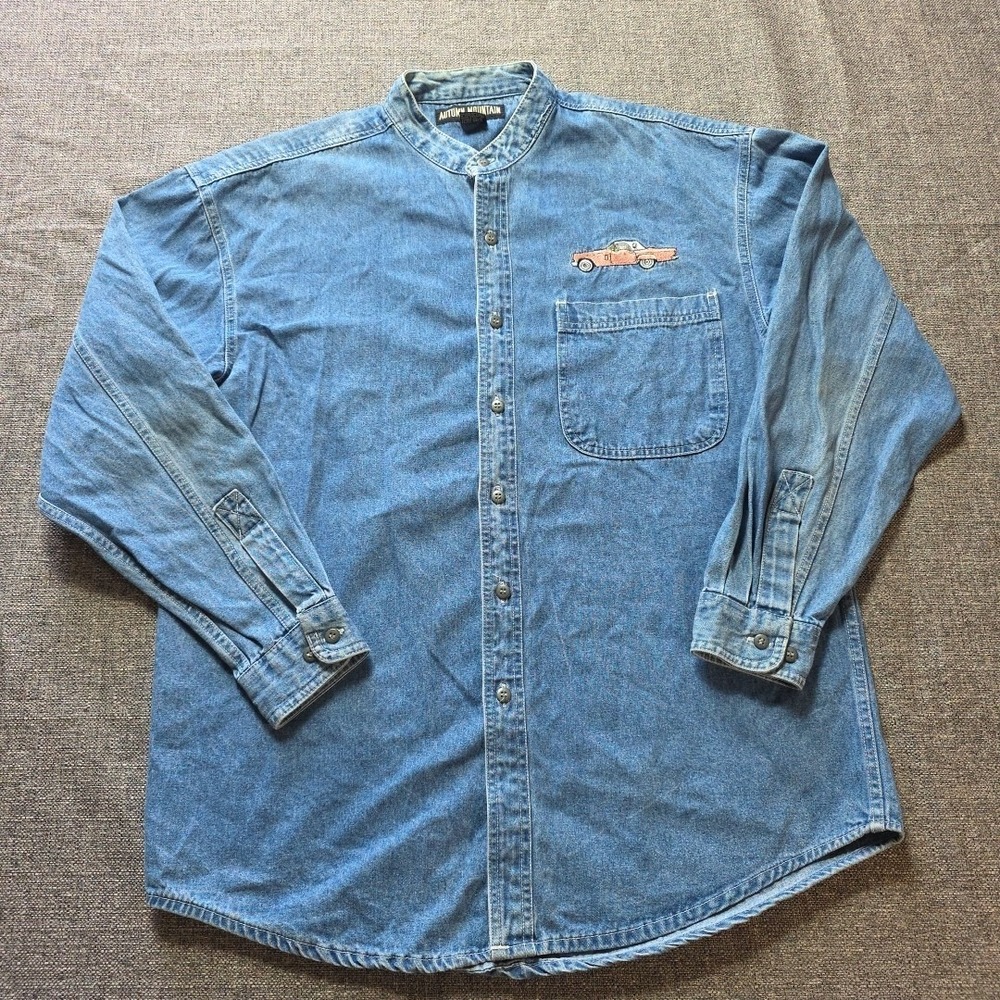 Autumn Mountain Shirt Denim Mens Embroidered Classic Car Pink Size M Blue button
